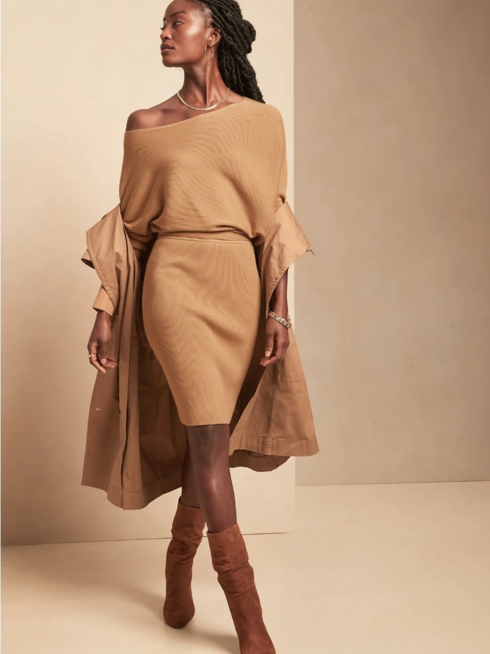 Banana Republic One-Shoulder Knit Dress in Camel
